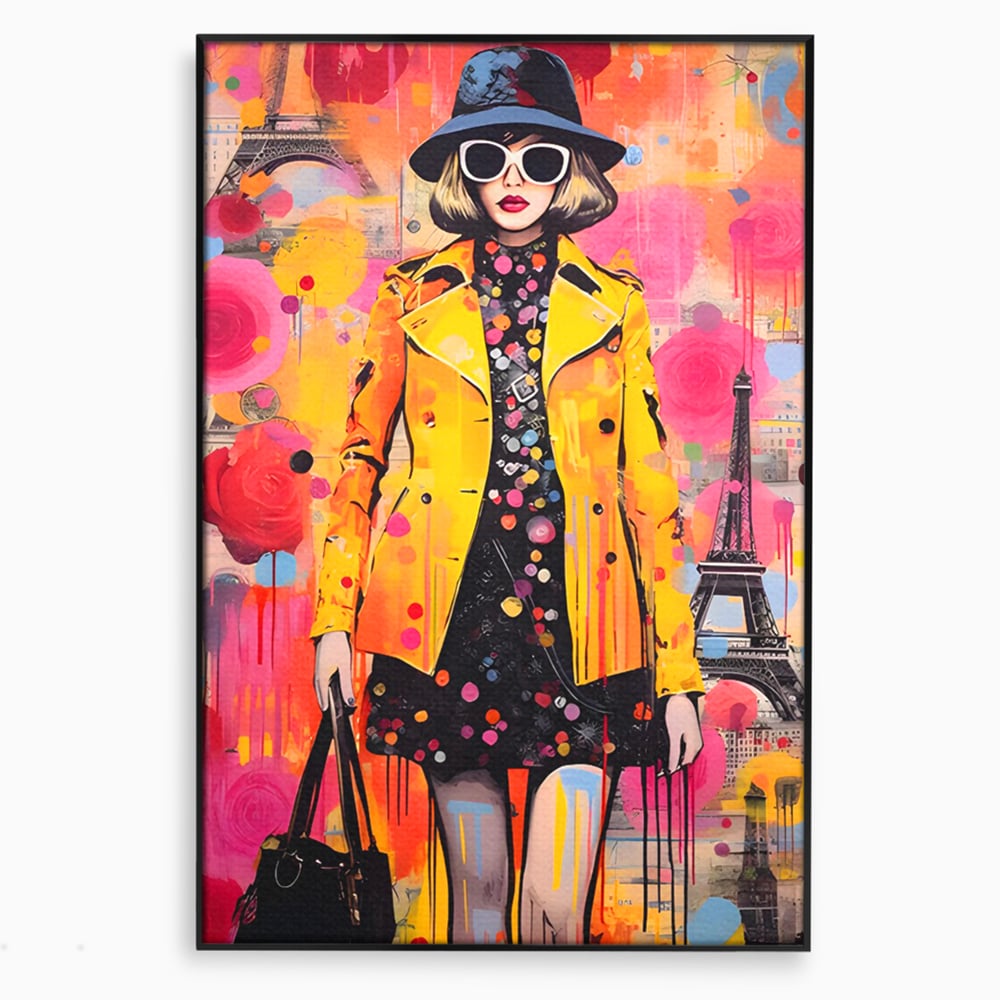 Tablou canvas cu tablou canvas cu ilustratie fashionista, in rama de aluminiu negru